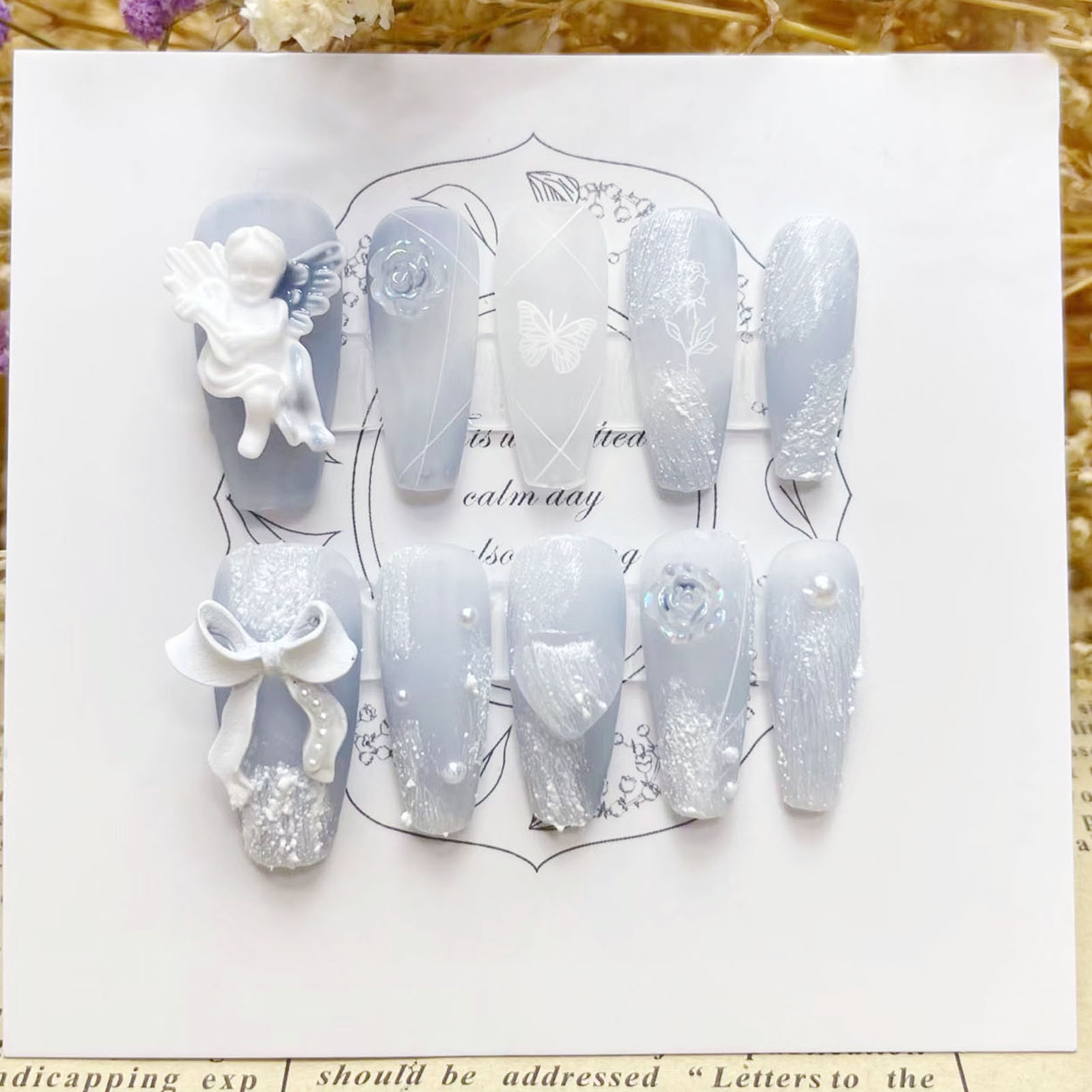 Nail Art Press On - Plester 3D kuku palsu Angel mengilap,