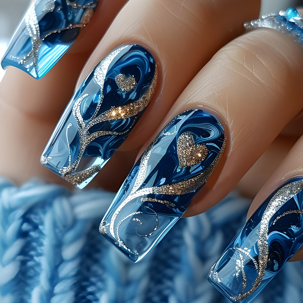 Nail Art Press On - 24 pcs Kuku Palsu Warna Biru