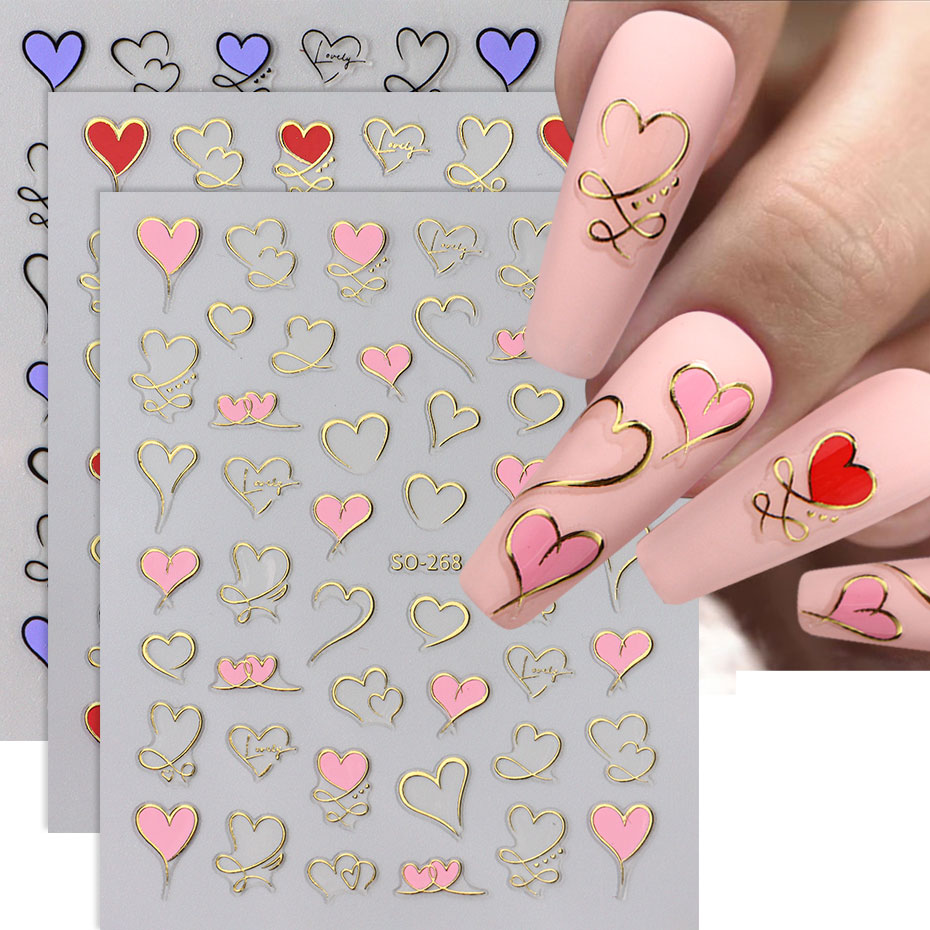 Nail Art Valentines Day - 3 buah Y2K stiker hati garis
